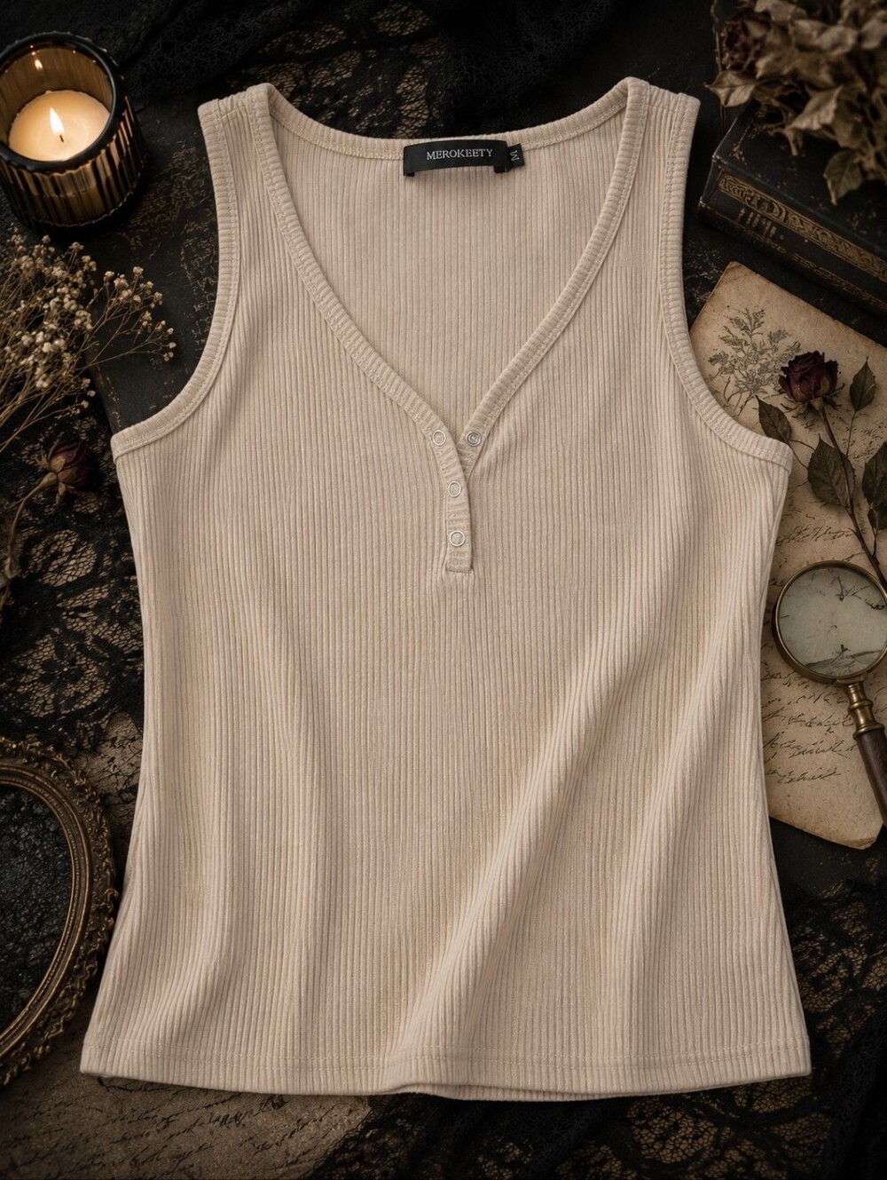 Merokeety Ribbed Henley Tank Top Beige Taupe Size M Snap Front Stretch